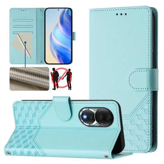 Custodia per telefono in pelle con stampa a nido d'ape RFID per Honor 80 5G (verde menta)