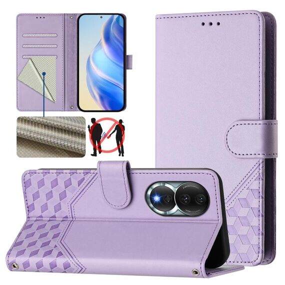 Custodia per telefono in pelle con stampa a nido d'ape RFID per Honor 80 5G (viola chiaro)