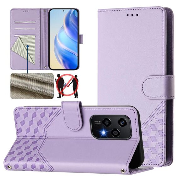 Custodia per telefono in pelle RFID con stampa a nido d'ape globale per Honor 200 Lite 5G (viola chiaro)