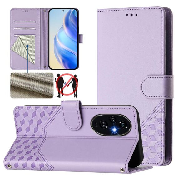 Custodia per telefono in pelle con stampa a nido d'ape RFID per Honor 200 Pro (viola chiaro)