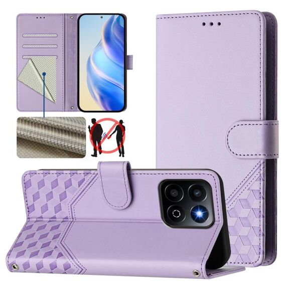 Custodia per telefono in pelle con stampa a nido d'ape RFID per Honor 200 Smart 5G (viola chiaro)