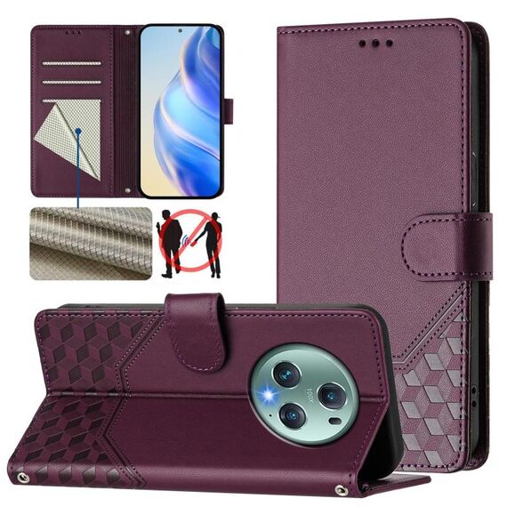 Custodia per telefono in pelle con stampa a nido d'ape RFID per Honor Magic5 Pro (viola)