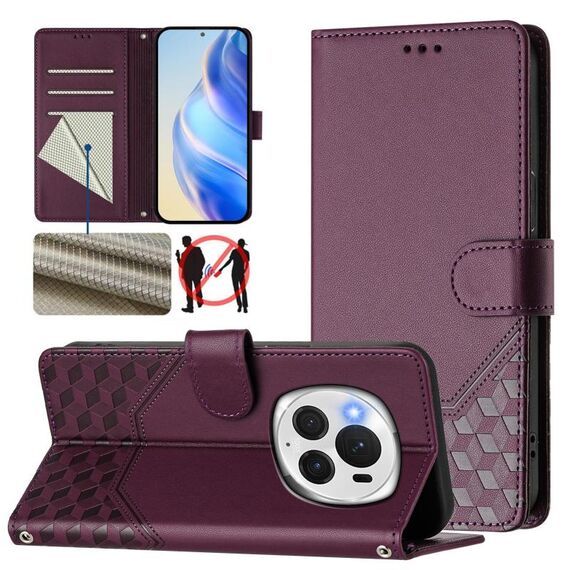 Per Honor Magic6 Pro 5G Custodia per telefono in pelle con stampa a nido d'ape RFID (viola)