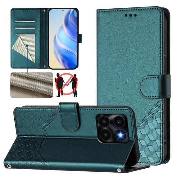 Custodia per telefono in pelle con stampa a nido d'ape RFID per Honor X6a 4G (verde pavone)