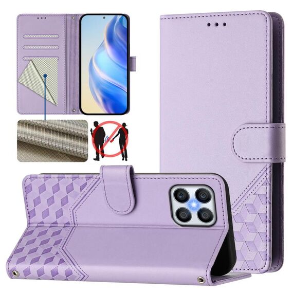 Per Honor X8 4G / X30i 5G / Play 6T Pro 5G Custodia per telefono in pelle con stampa a nido d'ape e protezione RFID (viola chiaro)