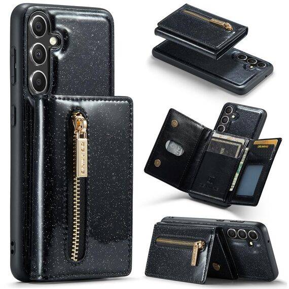 Custodia in pelle per Samsung Galaxy S23 FE 5G DG.MING serie M3 con polvere glitterata (nera)