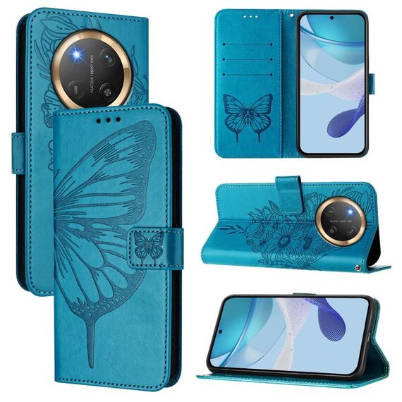 Per Honor X9C 5G Custodia per telefono in pelle con motivo a farfalla in rilievo globale (blu)