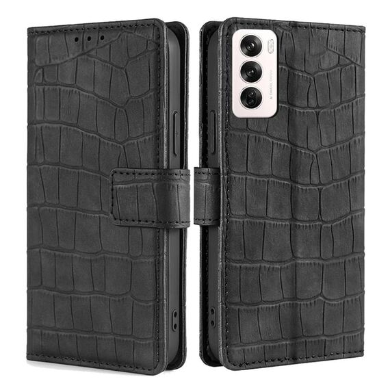 Per OPPO Reno12 5G Custodia per telefono in pelle con chiusura magnetica in coccodrillo Global Skin Feel (nero)