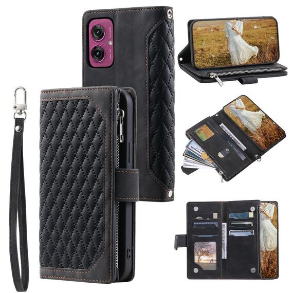 Per Motorola Moto G55 Custodia per telefono in pelle con cerniera e cordino (nero)