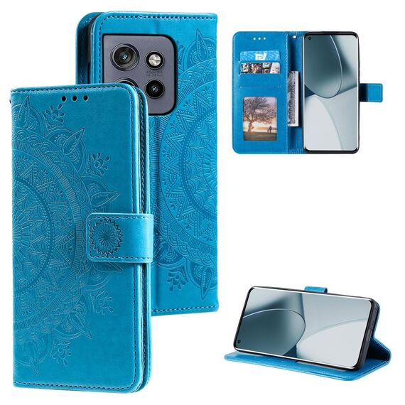 Per Motorola Edge 50 Neo Totem Flower Custodia in pelle goffrata con cordino (blu)