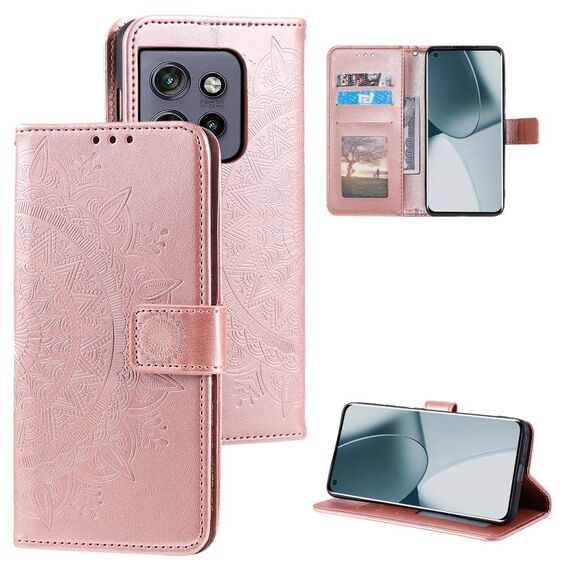 Per Motorola Edge 50 Neo Totem Flower Custodia in pelle goffrata con cordino (oro rosa)