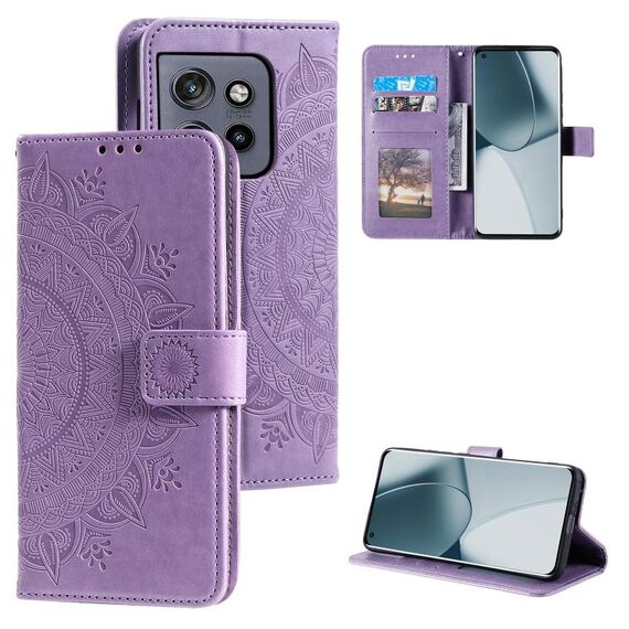 Per Motorola Edge 50 Neo Totem Flower Custodia in pelle goffrata con cordino (viola)