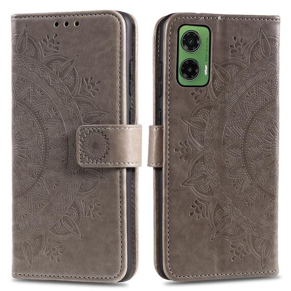 Per Motorola Moto G35 Custodia in pelle goffrata con motivo a fiori Totem con cordino (grigio)