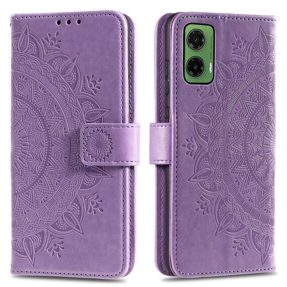 Per Motorola Moto G35 Custodia in pelle goffrata con motivo a fiori Totem con cordino (viola)