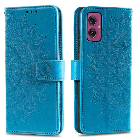 Per Motorola Moto G55 Custodia in pelle con motivo Totem Flower e cordino (blu)
