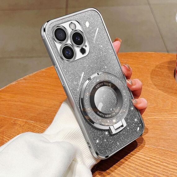 Per iPhone 16 Pro Custodia per telefono in TPU con supporto rotondo glitterato sfumato placcato (argento)