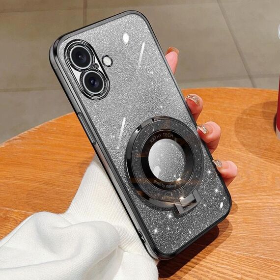 Per iPhone 16 Custodia per telefono in TPU con supporto rotondo glitterato sfumato placcato (nero)