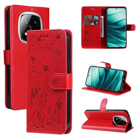 Per Redmi Note 14 Pro / 14 Pro+ 5G Custodia per telefono in pelle con stampa a forma di gatto e ape (rosso)