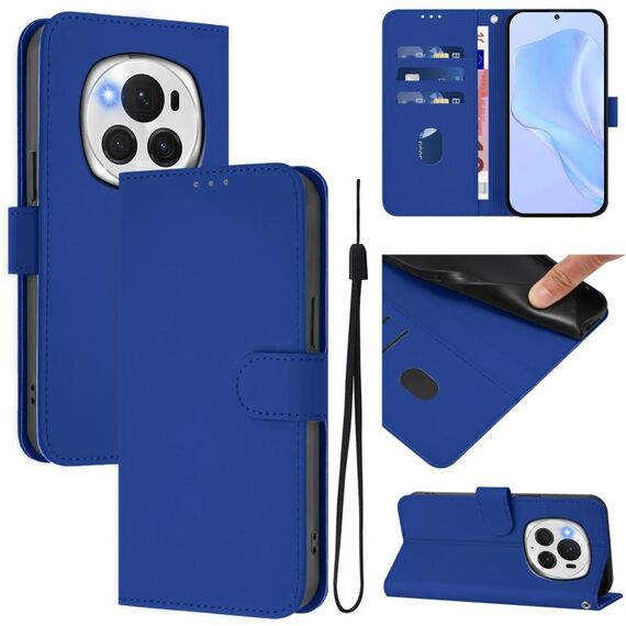Custodia per telefono in pelle tinta unita per Honor Magic6 Pro con cordino (blu scuro)