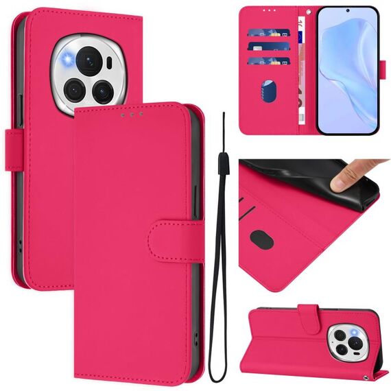 Custodia per telefono in pelle tinta unita per Honor Magic6 Pro con cordino (rosso rosa)