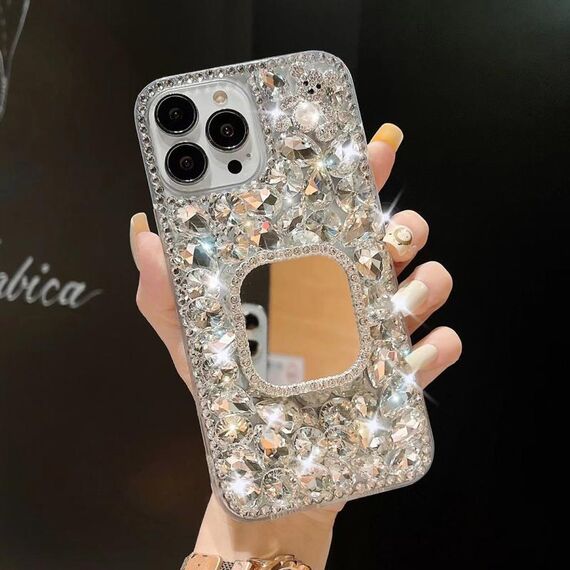 Per iPhone 16 Pro Max Custodia per telefono in PC con strass scintillanti fatti a mano e specchio (quadrato grigio argento)