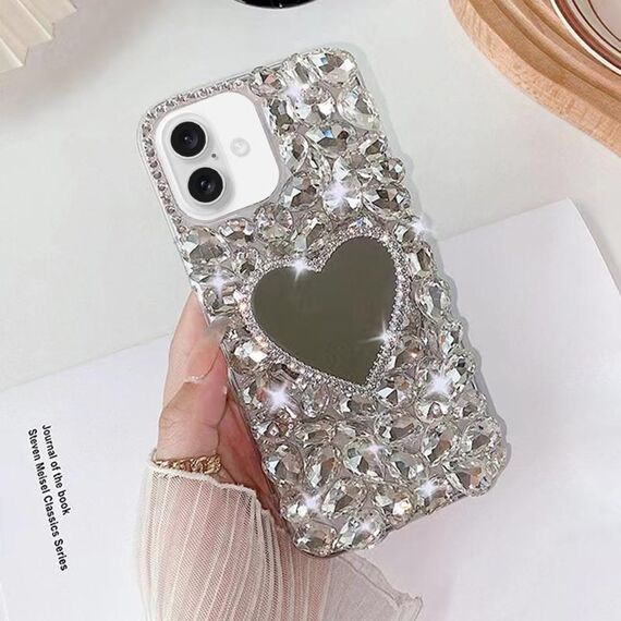 Per iPhone 16 Custodia per telefono PC con strass scintillanti fatti a mano e specchio (amore grigio argento)