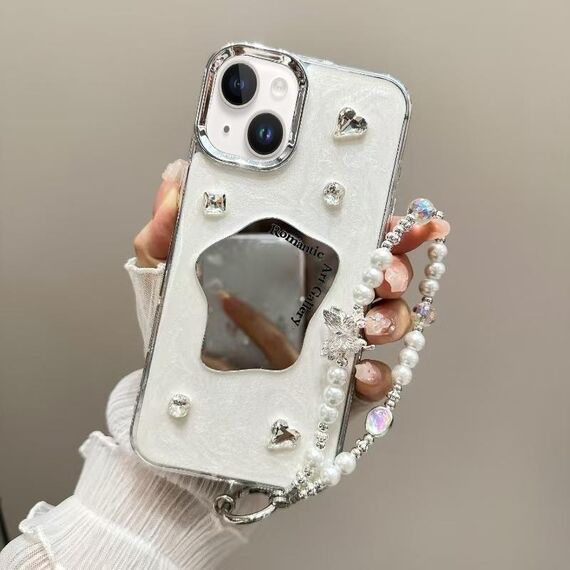 Per iPhone 14 Plus Custodia per telefono in TPU con catena a specchio color crema (beige)