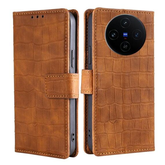 Per vivo X100s Custodia per telefono in pelle con chiusura magnetica effetto coccodrillo (marrone)