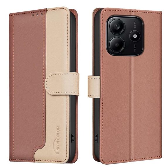 Per Redmi Note 14 4G Custodia per telefono in pelle antifurto RFID abbinata ai colori (marrone)