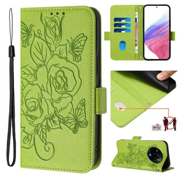 Custodia in pelle antifurto RFID con motivo a rose in rilievo per Realme 14 Pro 5G (verde)