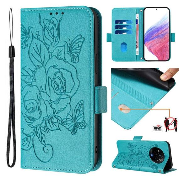 Custodia in pelle antifurto RFID con motivo a rose in rilievo per Realme 14 Pro 5G (azzurro)