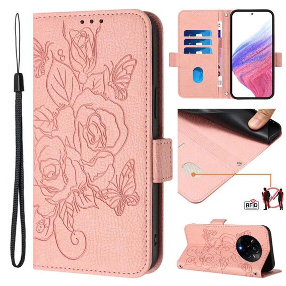 Custodia in pelle antifurto RFID con motivo a rose in rilievo per Realme 14 Pro 5G (rosa)