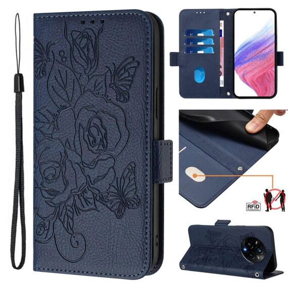 Custodia in pelle antifurto RFID con motivo a rose in rilievo per Realme 14 Pro+ 5G (blu scuro)