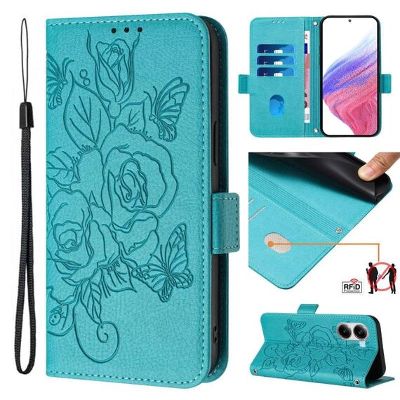Custodia in pelle antifurto RFID con motivo a rosa in rilievo per Xiaomi Poco X7 Pro 5G / Redmi Turbo 4 5G (azzurro)