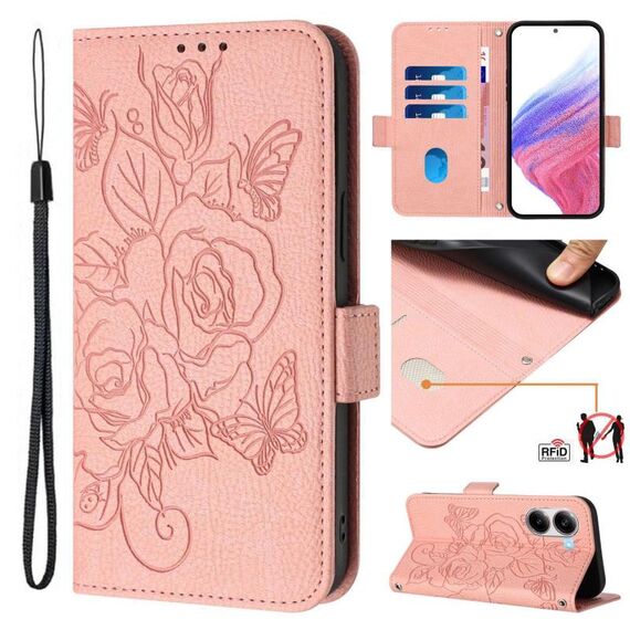 Custodia in pelle antifurto RFID con motivo a rose in rilievo per Xiaomi Poco X7 Pro 5G / Redmi Turbo 4 5G (rosa)