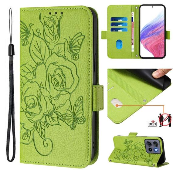 Custodia in pelle antifurto RFID con motivo a rosa in rilievo per Motorola Moto G Stylus 5G 2025 (verde)
