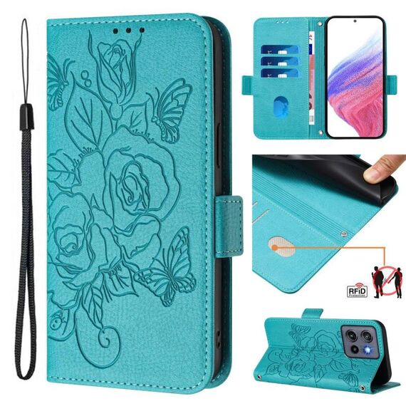 Custodia in pelle antifurto RFID con motivo a rosa in rilievo per Motorola Moto G Stylus 5G 2025 (blu chiaro)