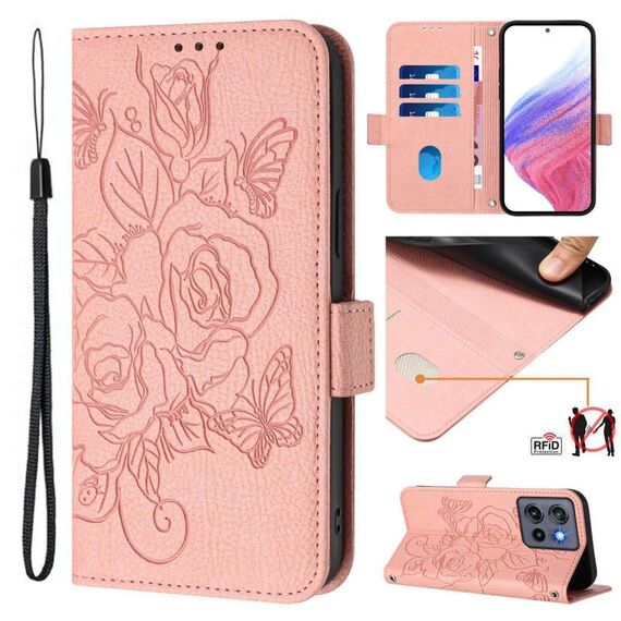 Custodia in pelle antifurto RFID con motivo a rose in rilievo per Motorola Moto G Stylus 5G 2025 (rosa)