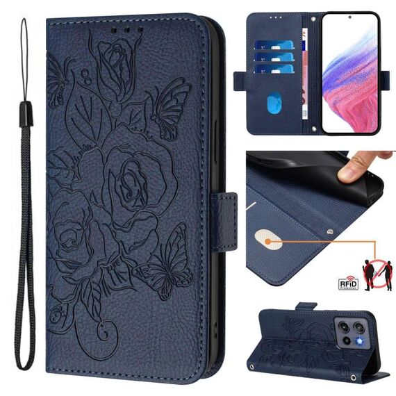 Custodia in pelle antifurto RFID con motivo a rosa in rilievo per Motorola Moto G Stylus 5G 2025 (blu scuro)