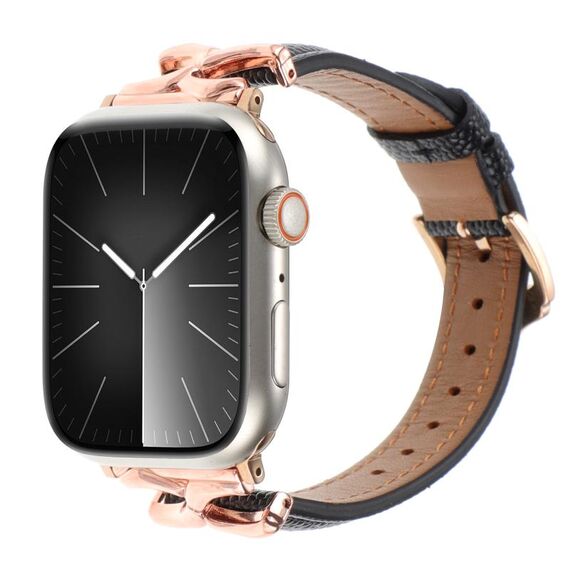 Per Apple Watch 46mm / 49mm / 45mm / 44mm Cinturino per orologio in vera pelle con fibbia a forma di X e trama a pois (nero)