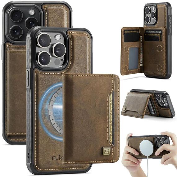 Per iPhone 13 Pro AutSpace A13 MagSafe Magnetic RFID Flip Card Bag Custodia per telefono (caffè)
