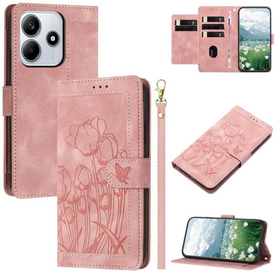 Per Redmi Note 14 5G Custodia per telefono in pelle goffrata con cordino (rosa)