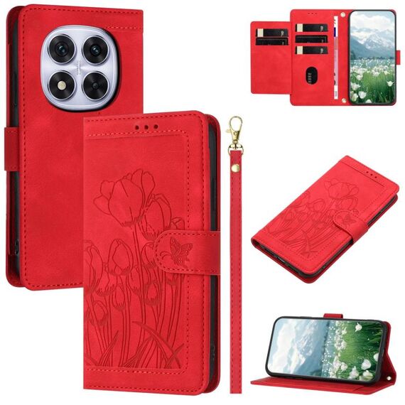 Per Redmi Note 14 Pro 5G Custodia per telefono in pelle goffrata con tulipani e cordino (rosso)