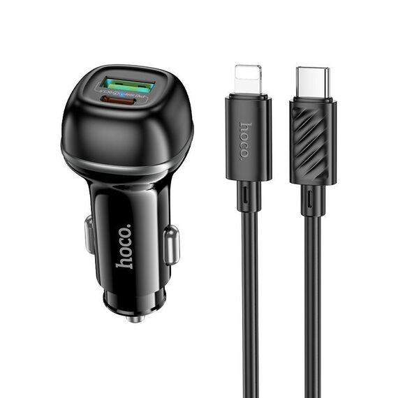 hoco Z58A Rank Dual Port PD30W e set di caricabatteria per auto QC3.0 con cavo da tipo C a 8 pin (nero)