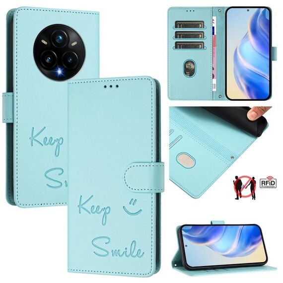 Custodia in pelle con stampa RFID per Realme 14 Pro+ 5G Smile Embossing (verde menta)