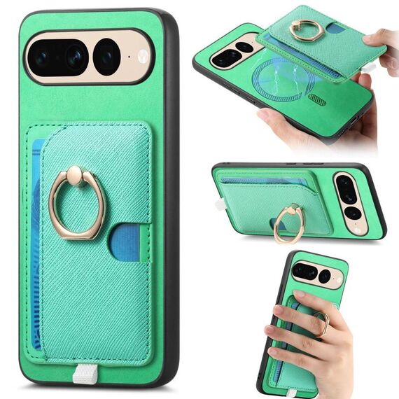 Custodia per telefono con inserto laterale in pelle con anello a croce retrò per Google Pixel 7 Pro MagSafe (verde)