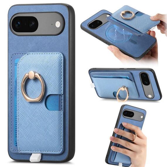 Custodia per telefono con inserto laterale in pelle con anello a croce retrò per Google Pixel 7 MagSafe (blu)