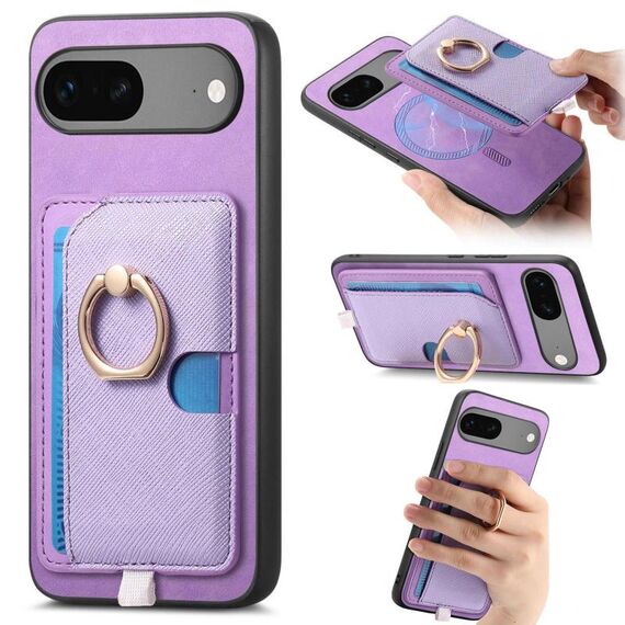 Custodia per telefono con inserto laterale in pelle con anello a croce retrò per Google Pixel 7 MagSafe (viola)