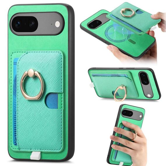 Custodia per telefono con inserto laterale in pelle con anello a croce retrò per Google Pixel 7 MagSafe (verde)