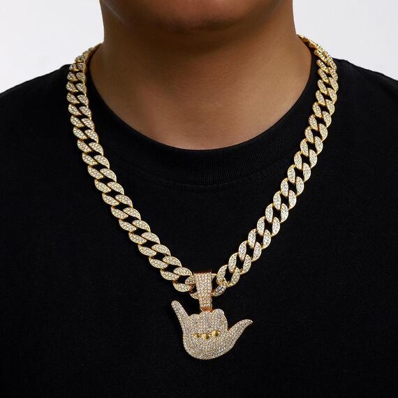 Collana cubana con ciondolo a forma di dito con diamanti, personalizzata con 666 dita, stile hip hop, stile trendy (oro)